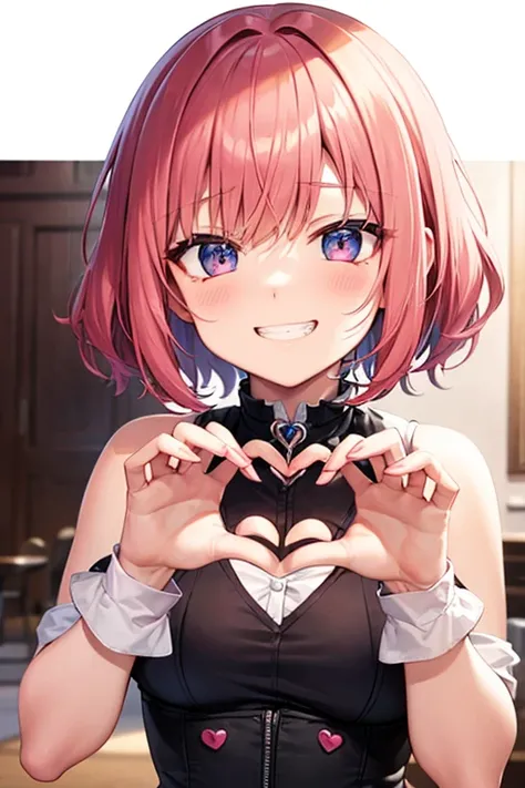 grin,Short pink hair.heart hands