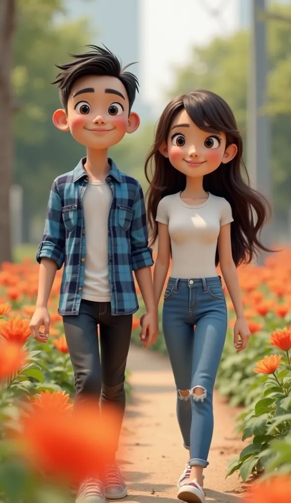 3D cartoon character. Nam (black hair, black eyes, smiling, wearing blue plaid shirt, black jeans) and Nhung (brown hair, black eyes, smiling, long hair, she wears blue jeans and a white t-shirt), 3/4 shot, walking in flower graden. 35mm photograph, film, ...