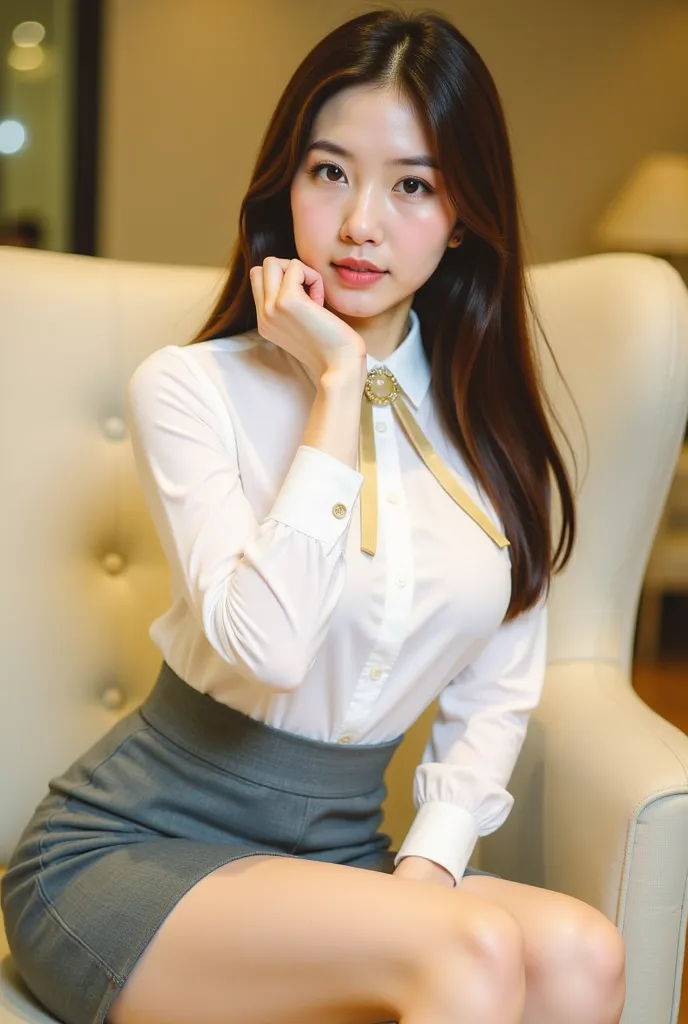 a young woman seated on a light-colored chair in an indoor setting, likely an office or lounge. She has long, dark hair styled neatly, and her expression is poised and confident. She is dressed in a professional yet stylish outfit, consisting of a white bl...