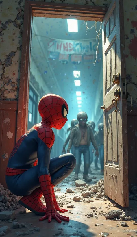 a young Spiderman, inside the school, The half-open door , Looking in the corridors several zombies, Semi destroyed environment cartoon 3d