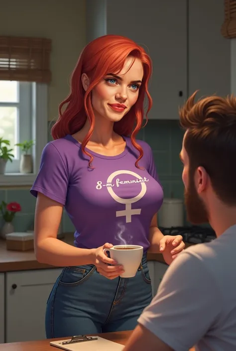 thorn, 38 years old, ruffled reddish hair and long,  green and brown eyes , slender figure with perky breasts, large breasts and narrow waist, wears a purple t-shirt with the feminist symbol.  denim pants. On the t-shirt is written "8-M feminist", Chest dr...