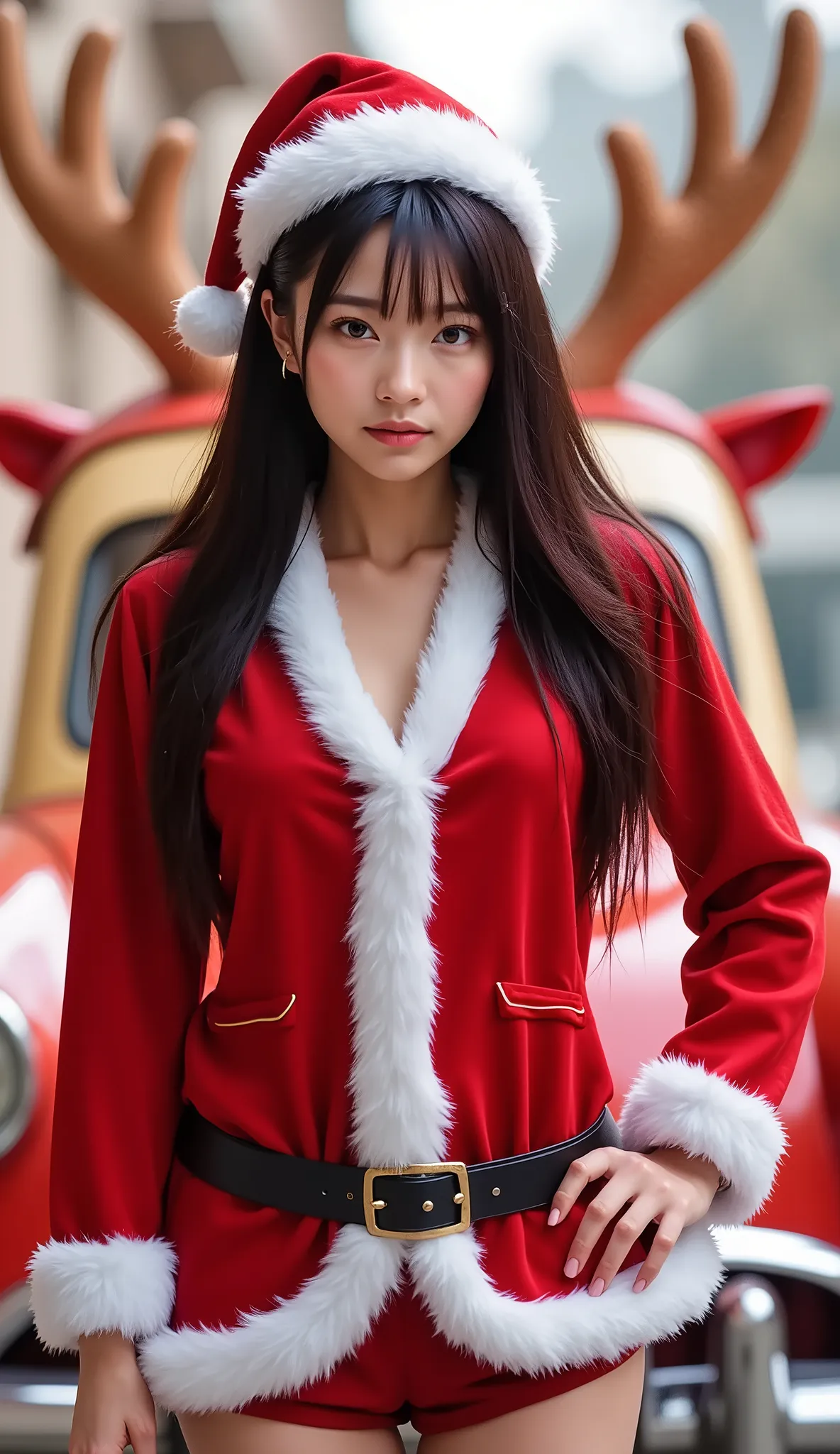 Santa costume that shows off your figure,  Santa hat, female, slim body, Tall , classic car background in the shape of Rudolph