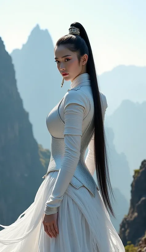 beautiful chinese woman warrior,long straight hair,larght chest,white armor,standing,black moutain background.