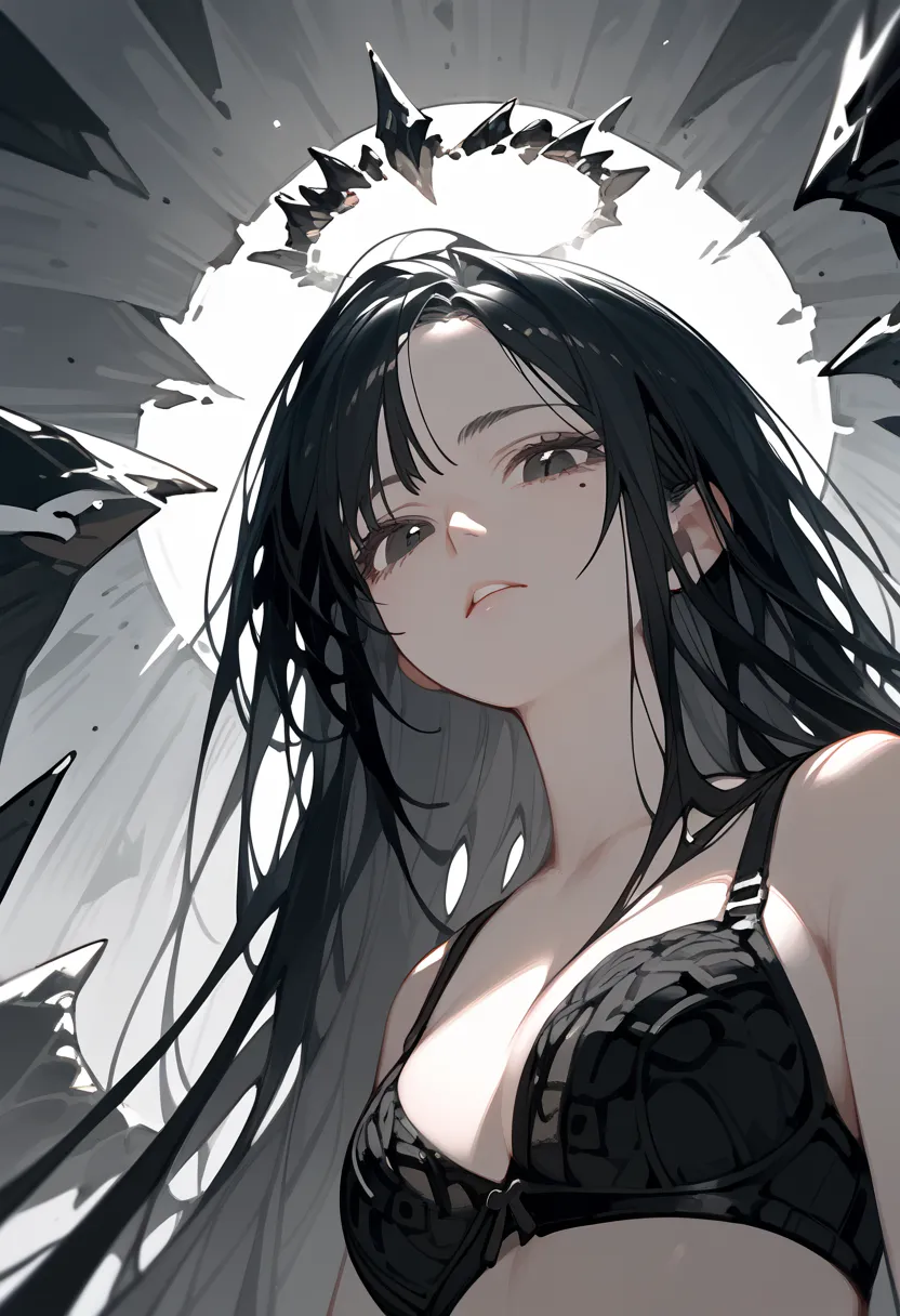  score_9,  score_8_ up,  score_7_ up,  1 girl,  black hair,  long hair, Broken Holy Ring,     dark eyes,     small mole under left eye, black bra,  Wings of Energy ,  video viewers, from below, close- up, but ,     calm,  portrait ,   Black and white,