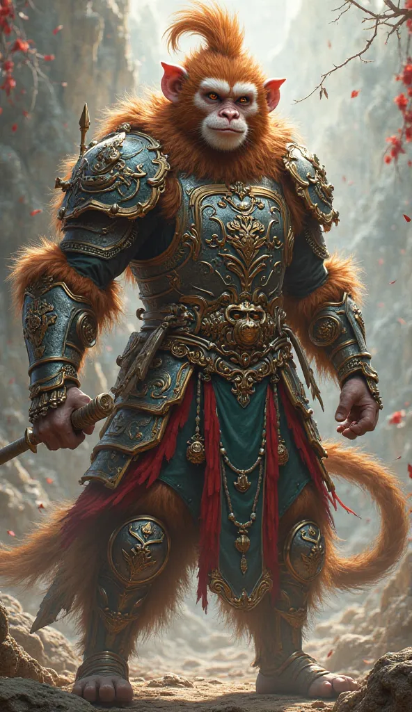 Sun Wukong was wearing cool armor, holding a baton, and his fur was brown.