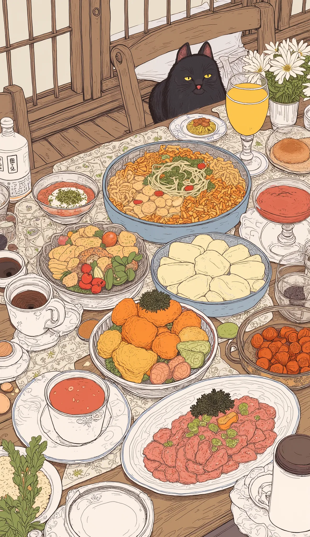 Drawing of a table with various foods, by Kamisaka Sekka,  by Gyokudo Urakami , japanese illustrations, by Kamaguruka, by Ai-Mitsu, Kissed by Xiao Linqing,  anime food, Keizan Okada,  Nakahara Nantenbo 