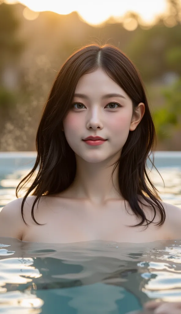 a picture of a beautiful hot spring woman gracing the cover of a hot spring magazine、photo of a beautiful woman at dusk、The gesture of making a heart with both hands while soaking in the bathtub up to the shoulder、((beautiful wavy black hair on one ear, on...