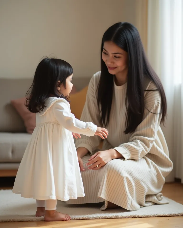 A young girl of 3. year old   and a mother 30 year old  are playing togetThe girl, light-skinned and toddler/preschool age, wears a white, ruffled dress with long sleeves. She has long,  black hair and is barefoot.  The woman,is pakistani looking medium sk...