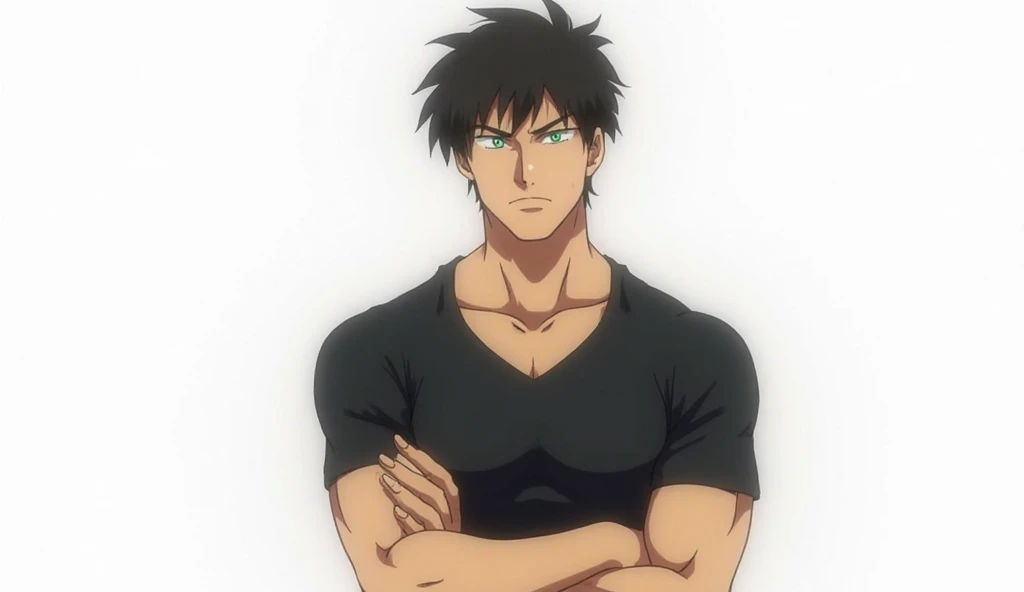 A muscular anime character, Toji Fushiguro, standing confidently with arms crossed, wearing a tight black t-shirt. His sharp green eyes stare intensely forward. His black hair is slightly messy, adding to his rogue charm. The background is completely white...