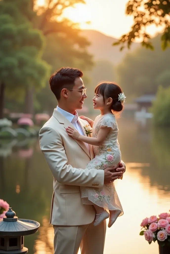 The model is Create a photograph set during sunset by a lakeside, within a traditional garden, featuring natural light with a bright, diffused tone spreading from the sky. At the center of the frame is a man wearing a light beige wedding suit, adorned with...