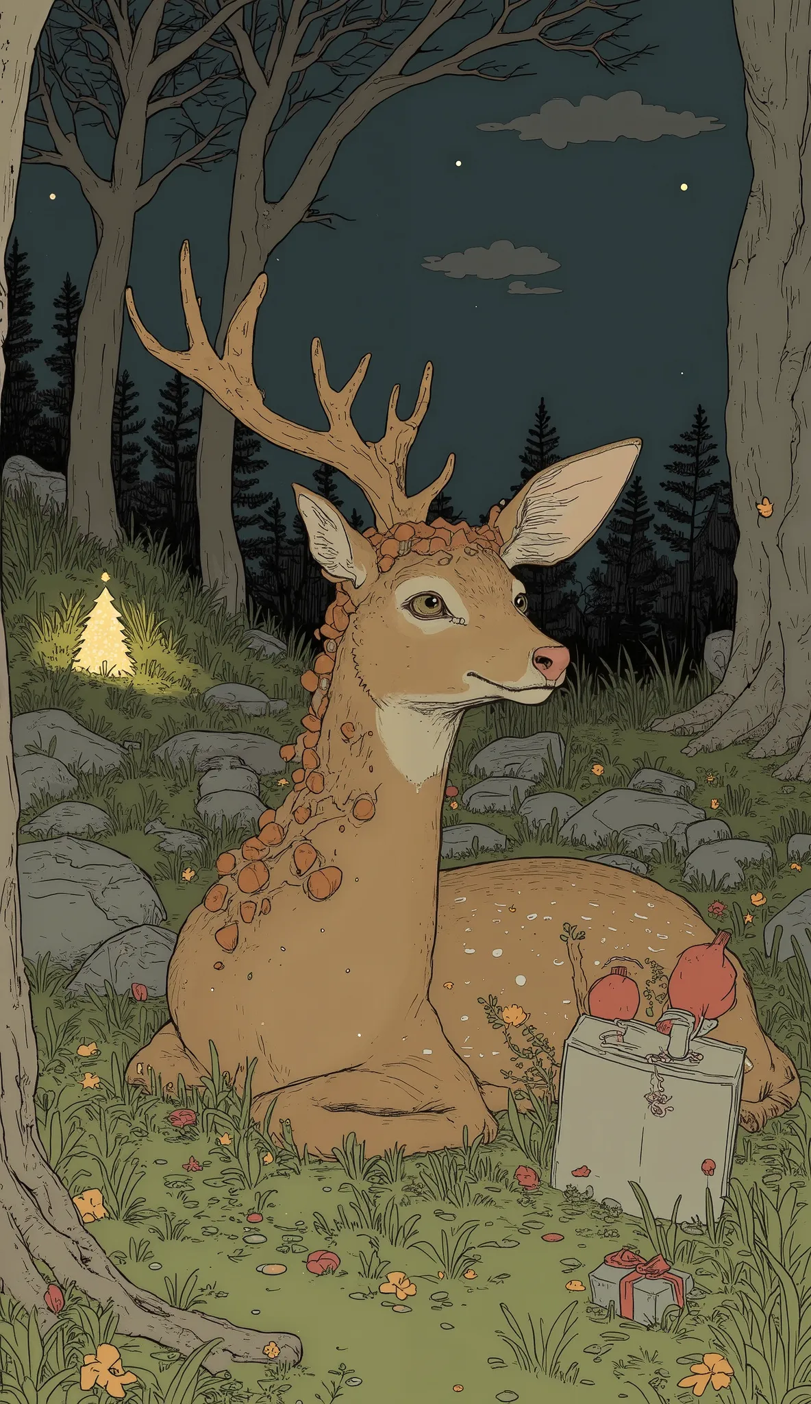 a close up of a deer laying down in the grass, lineless , 野生動物のillustration for both eyes , Drawn in microsoft paint, Drawn with photoshop, an anthropomorphic deer, deer, Drawn, deers, wild animal sketch、There is a Christmas tree light on the corner, Durin...