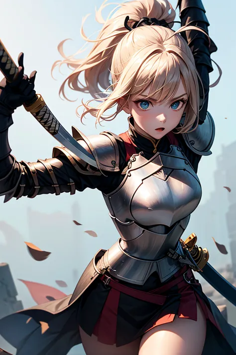 A female knight wearing a armor, swinging katana.  with a background of each other's war