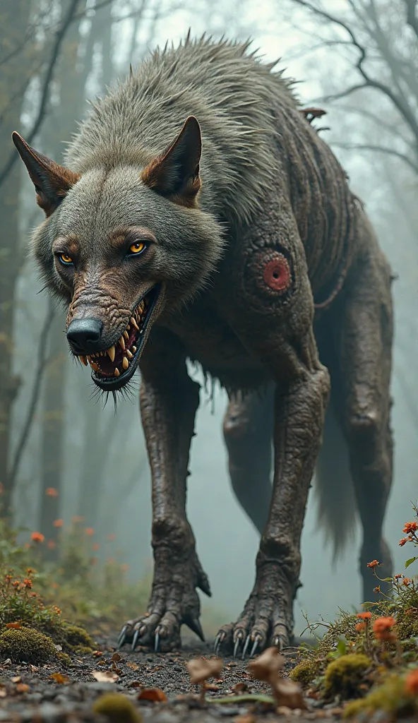 A massive, rotting wolf with exposed ribs and blackened flesh, its body stitched together with sinew and bone. Its maw is lined with jagged, misaligned teeth, far too many for its mouth. Patches of its fur are missing, replaced by festering wounds that pul...