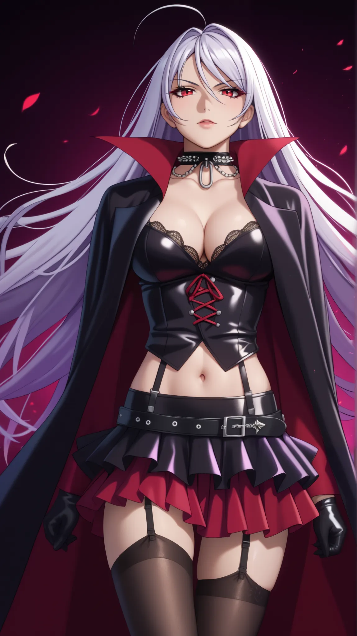 vampire moka akashiya, long hair, red eyes, ahoge, white hair, large breasts, design a cool idol outfit inspired by vampires, featuring a black and purple color scheme,(black mini top hat with ribbon decoration),fake black bat wings on back,(reminiscent of...