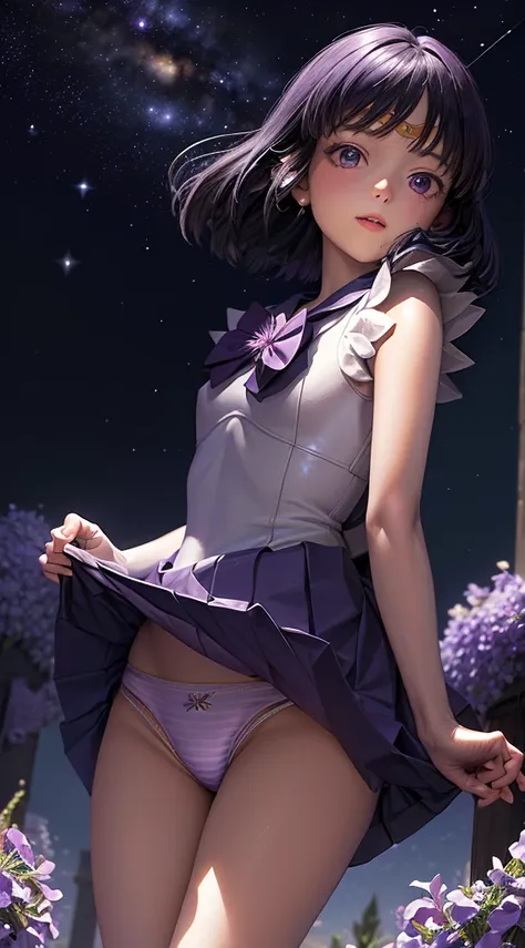 (masterpiece, highest quality: 1.2), alone, 1 girl,  Sailor Saturn, Magical Girl, shut up,  watch the audience, Put your hands on your lower back,  sailor warrior uniform, pleated skirt,  elbow bag,  jewelry, ((( Blog)),  color, purple eyes,  cosmic backgr...