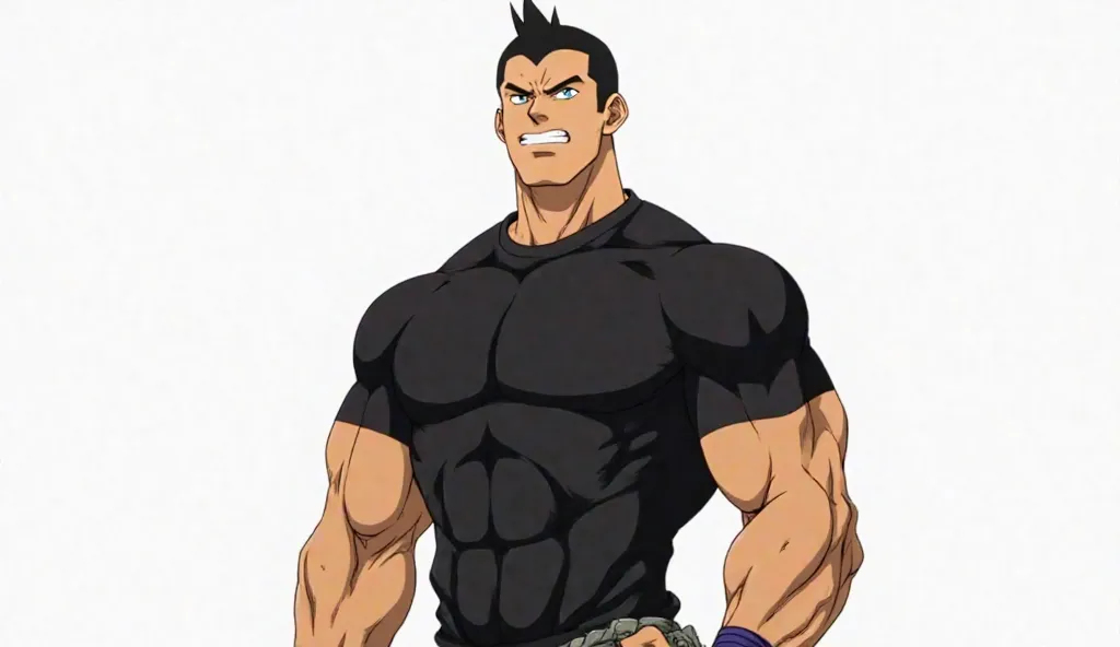 Toji Fushiguro, a tall and muscular anime warrior, wearing a tight black t-shirt, standing in a fighting stance with clenched fists. His veins are slightly visible on his arms, showing his immense strength. His smirk hints at his ruthless fighting style. W...