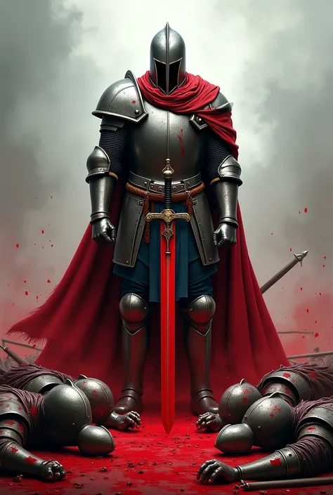 "A legendary knight, undefeated and drenched in blood, stands amidst seven fallen warriors, his sword still gleaming. The battlefield is a testament to his unmatched strength, each foe defeated in swift, decisive blows."
