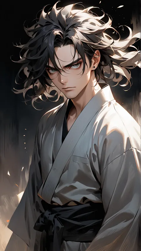 a man with dark hair and sharp eyes wearing a black yukata making、The full body shows、cool poses