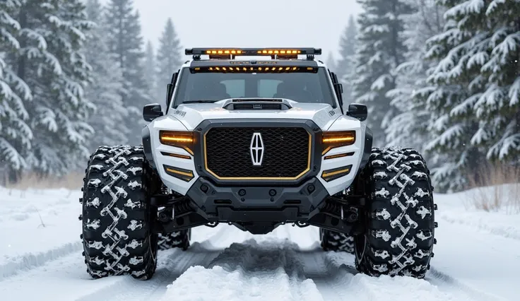 "A futuristic back view, all-terrain armored expedition vehicle viewed from the straight back . The vehicle is massive, featuring a bold grille with the Lincoln emblem, aggressive LED headlight design with golden accents, and a high ground clearance. It ha...