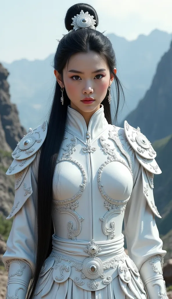 Sexu beautiful chinese woman warrior,long straight hair,facing straight,white armor,standing,black moutain background.