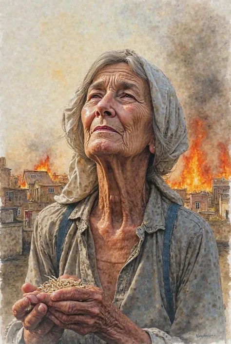 Watercolor drawing. In the foreground, a grandmother with a handkerchief on her head is crying, holding matches, 8 houses are burning in the background. sunny weather