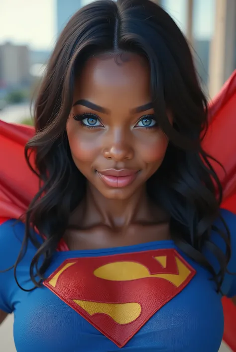 (SEXY BLACK AFRICAN OLD GIRL AS SUPERMAN WITH CRYSTAL BLUE EYES **“TOTALLY ENTI BODY WORTH THE SURFACE”. A stunning, highly detailed and ultra-realistic portrait of a SEXY BLUE-EYED GIRL proudly wearing the iconic 1980's SUPERMAN RETRO costume. The bright...