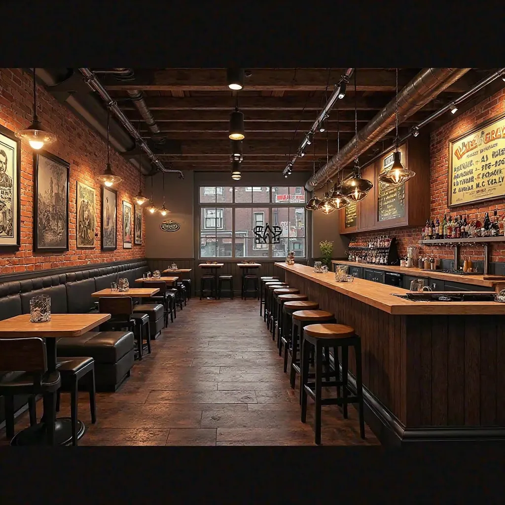 realistic photo, best quality, no humans, A craft beer pub is reimagined as a living tribute to its neighborhood, where history, culture, and community are woven into every detail of the space. Exposed brick walls tell stories of the building’s past, adorn...