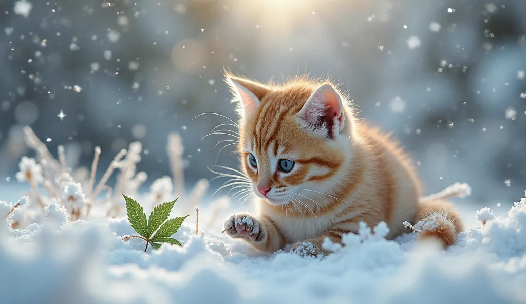 The kitten digs in the snow, finding a small plantain leaf, and carefully places it on the wound, healing the injury. The snow around gently settles, creating a cozy atmosphere of care.. photorealistic quality, and the trees are covered with snow and frost...