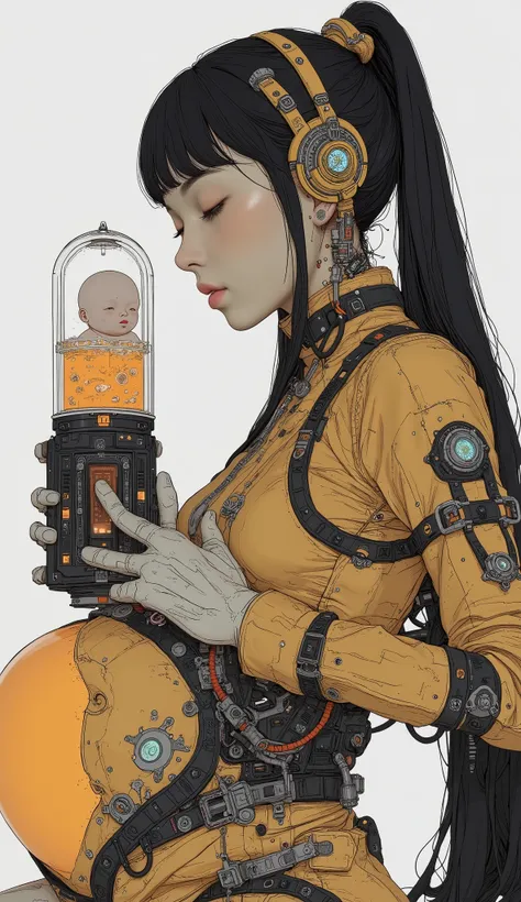 close-up of a woman in a futuristic suit holding a baby in the capsule,The capsule containing the baby is filled with orange liquid、 digital art by Russell Dongjun Lu, cgsociety contest winner , digital art ,  3d rendering inspired by pregnant cyborgs , cy...