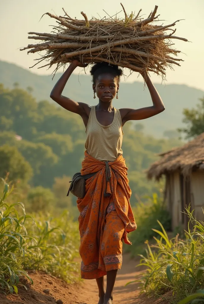 Generate image of Africa girl carrying fire wood from farm