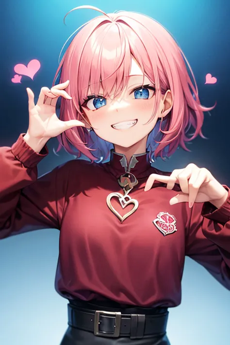 grin,Short pink hair.heart hands,"No background."