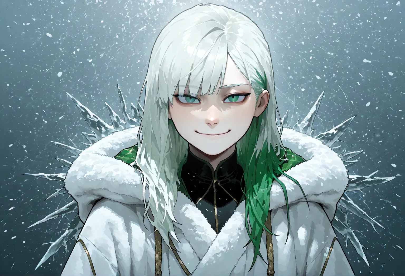 1boy, male, very thin, sharp features, pale skin, dark green eyes, white hair, green ends of hair, uneven haircut, chaotic hair, medium length hair, mullet hair, disheveled bangs, white Snow King costume, semi-darkness, depression. (Smile soft), Ultra-high...