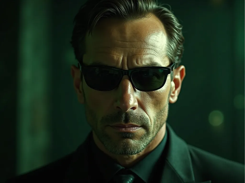 handsome older man wearing sunglasses in the style of a matrix hero - focused - - on a dark green background