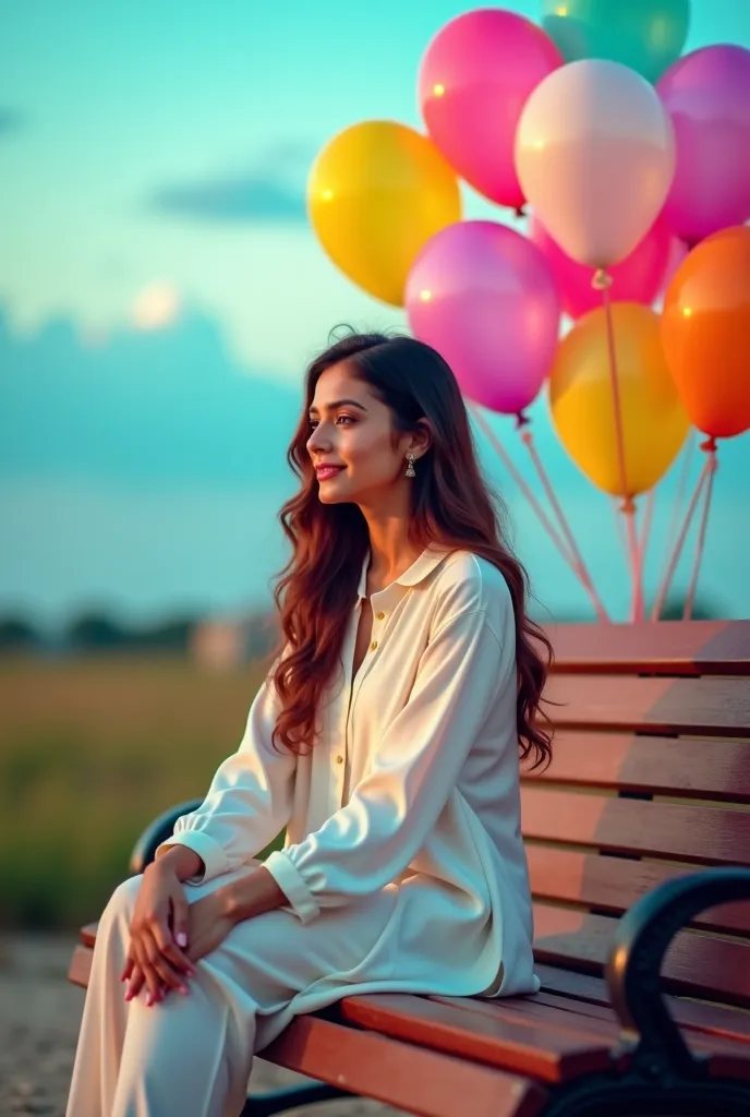 there is a woman sitting on a bench with balloons in the background, a colorized photo inspired by Riza Abbasi, trending on instagram, holography, candid picture, very very low quality picture, low quality video, with lovely look, with beautiful colors, at...