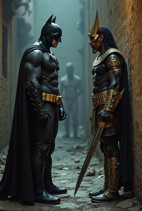 Batman, cloaked in his iconic black suit, stands tall and poised in a dimly lit alley, his cape subtly flowing in the breeze. Opposite him, an Egyptian warrior, garbed in ancient armor adorned with gold and turquoise, holds a gleaming scimitar. The warrior...