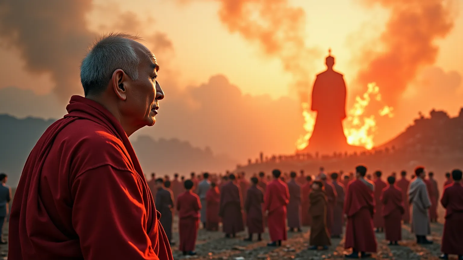 Impactful background of the Korean peninsula in which an elderly Asian monk predicts the fall of the South Korean leaders and the Korean people pay attention to the prophecy, create dynamic and different images that generate quick and visual engagement