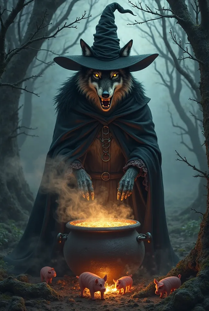 A wolf dressed as a witch brews a potion, made from three piglets