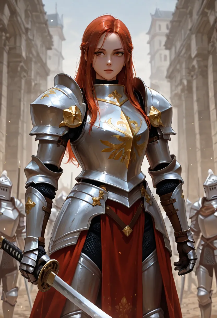 A female knight wearing a armor, holding a covered katana. While staring intently at the front. with the background of warriors war