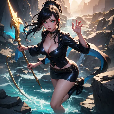 8k photo realistic full body image of an extremely almost unimaginably and irresistibly gorgeous 31 year old American female enchanted sorceress, with straight black hair worn up in a ponytail with bangs, piercing green eyes, petite features, mysterious,  ...