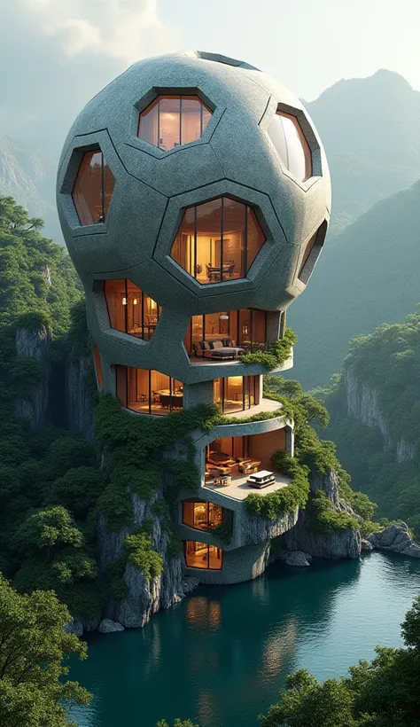 A highly realistic and futuristic architectural concept featuring a giant football-shaped structure standing on top of a hill. Each segment of the football's hexagonal and pentagonal panels contains beautifully designed rooms with full furniture sets, eleg...