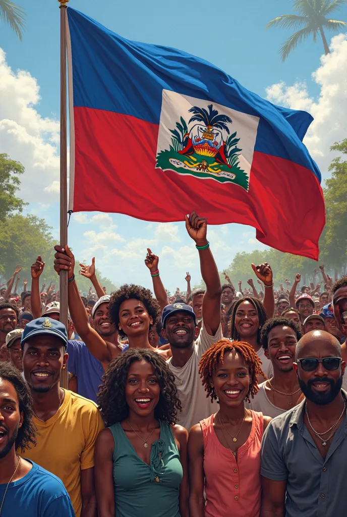 Image d'hommes, de femmes et d'enfants avec le drapeau haïtien🇭🇹 dans leurs mains Le vrai drapeau haïtien