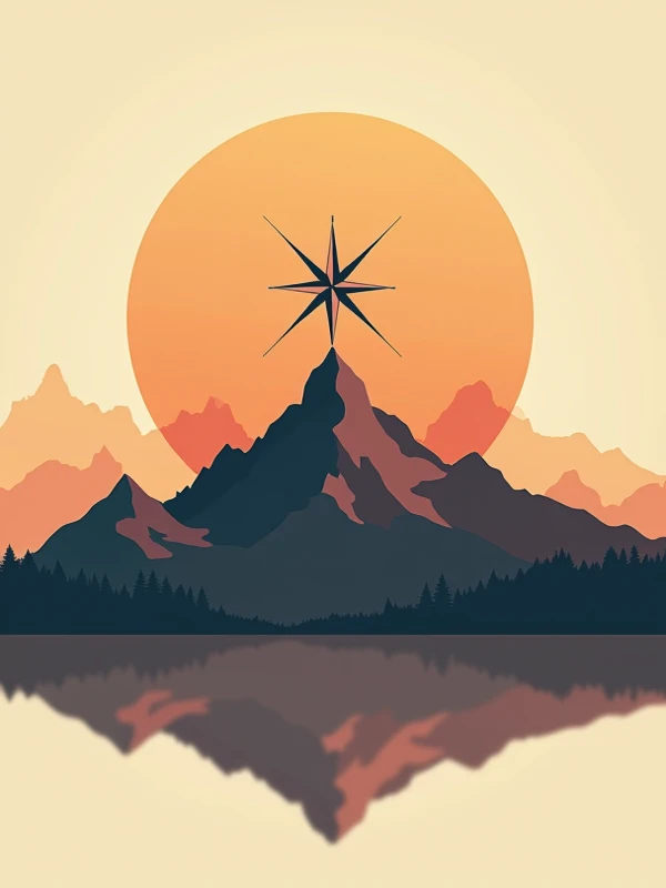 "Minimalist mountain range silhouette with compass overlay, earthy tones, vector illustration, centered chest print"
