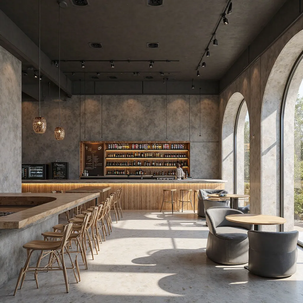 realistic photo, best quality, no humans, A craft beer pub is redefined as a modern minimalist sanctuary, where expansive open space and purposeful design allow the beer to take center stage. Crisp lines and an uncluttered layout create a sense of effortle...