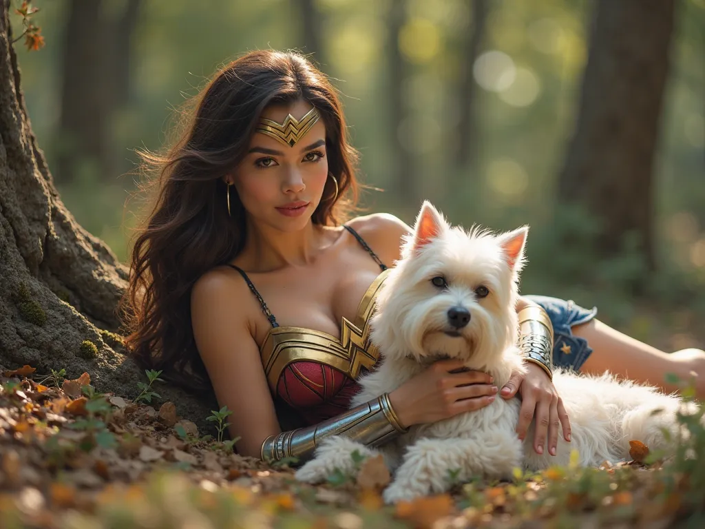 Wonder Woman lies down in the woods with her dog。Wonder Woman holds a West Highland White Terrier、3/4 views
Supergirl is a cute Japanese person in her 20s、Wonder Woman's Perfect Costume、Wonder Woman has brown hair 