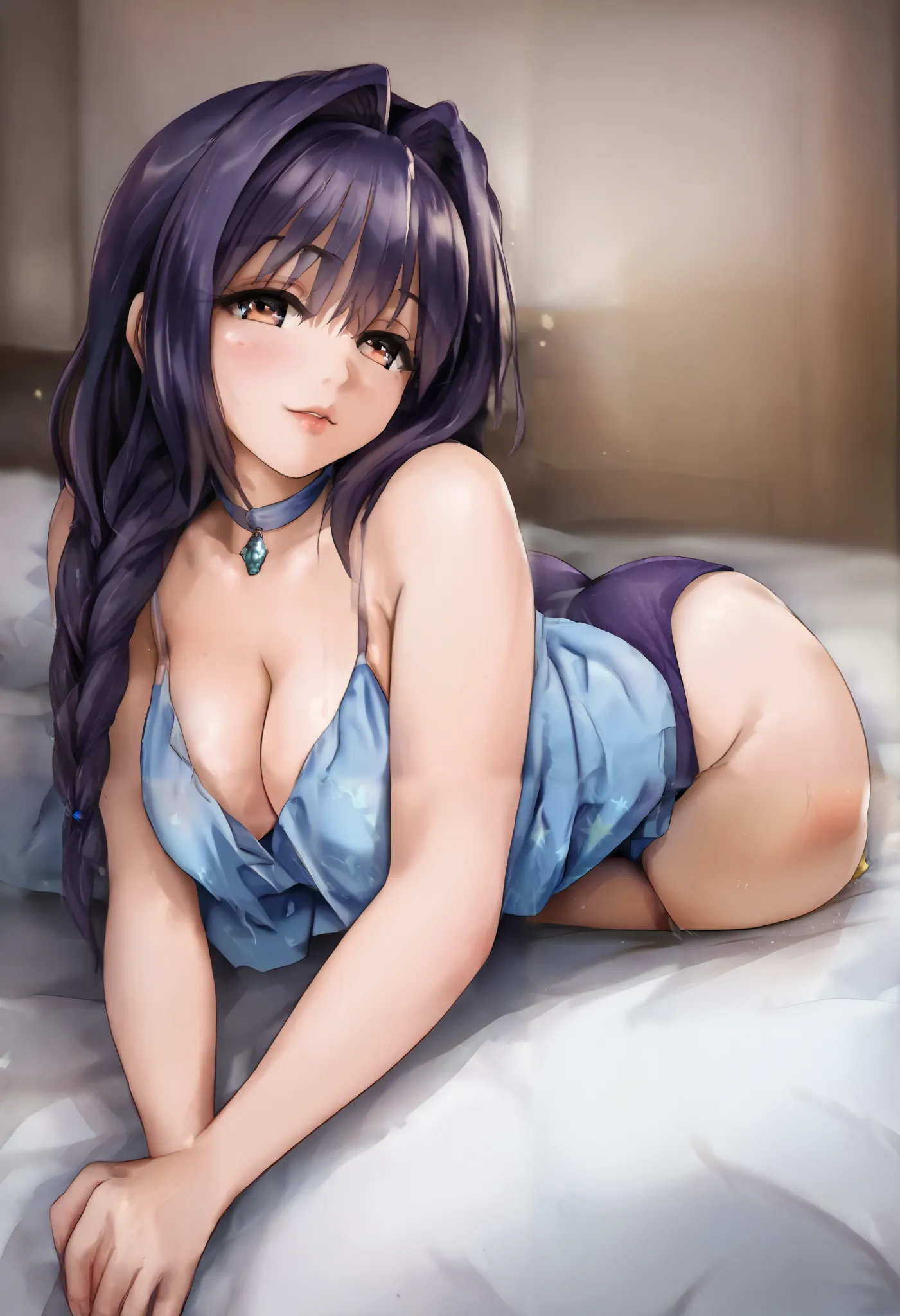 score_9, score_8_up, score_7_up, rating_explicit, 1 girl,  Trixie Tan,   black hair, 1 girl, long hair, hair band, bangs, eyeshadow, makeup,  Purple Chaipao  , White trim, medium boobs,seductive cleavage, seductive thighs, big hips, cute, Chest,  bedroom e...