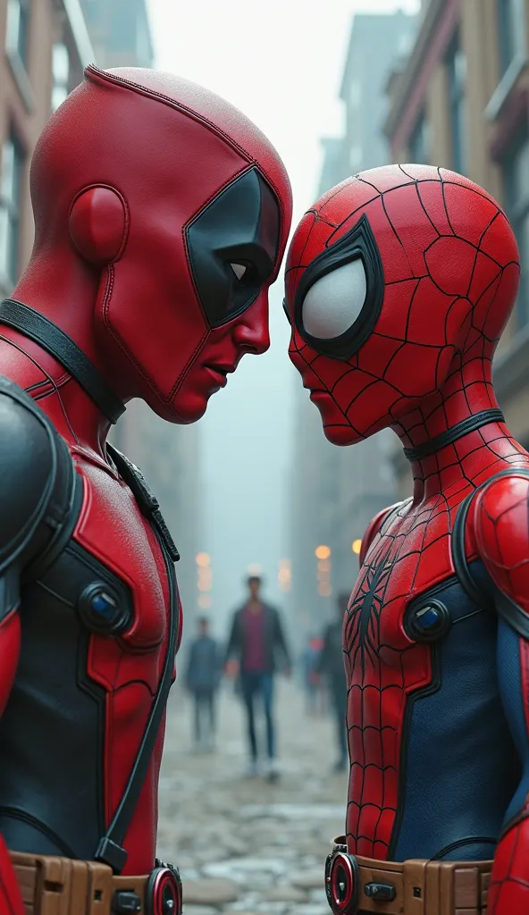 A Deadpool in a mask and a Spiderman in a mask with an open mouth, afraid, looking forward , Young 3d cartoon