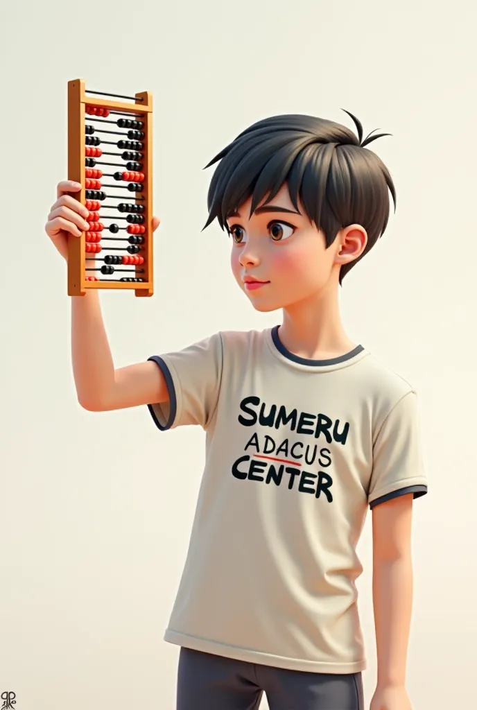 student catching abacus in his hand and on his shirt write sumeru abacus center