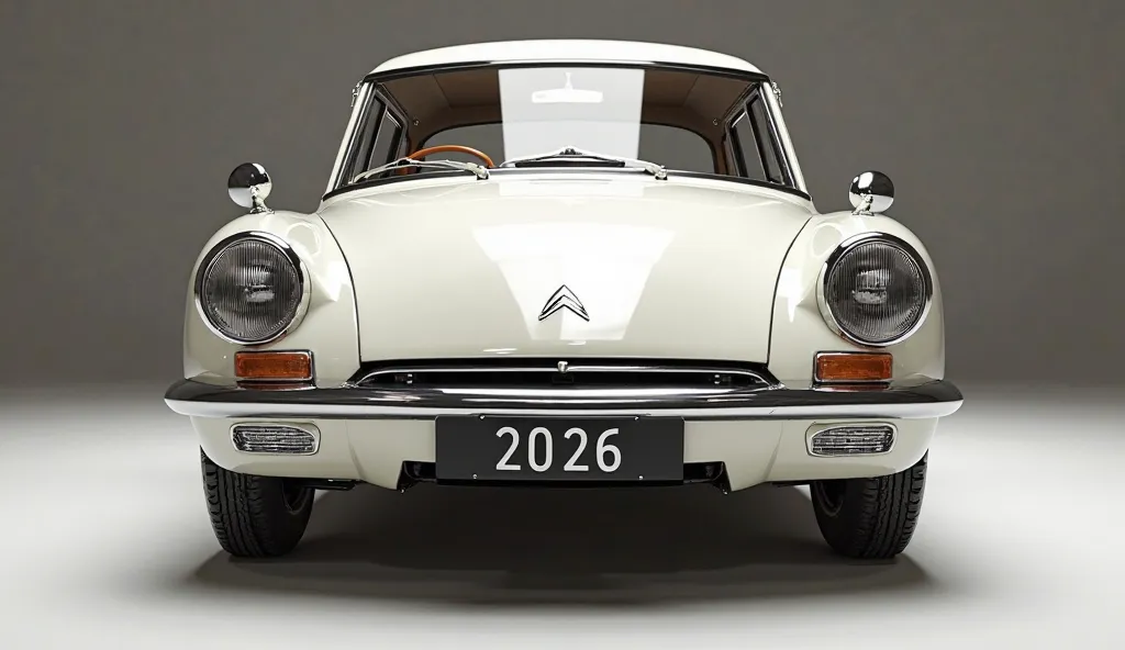 create an ultra-detailed 3D render of a Classic, close-up front view of 1961 Citroen Ami 6 with a bold design. The car should feature a 'Gleamy glossy painted Blanc Carrare' color with a 'Citroen' logo on its prominent front, and sleek frontlights. The bod...