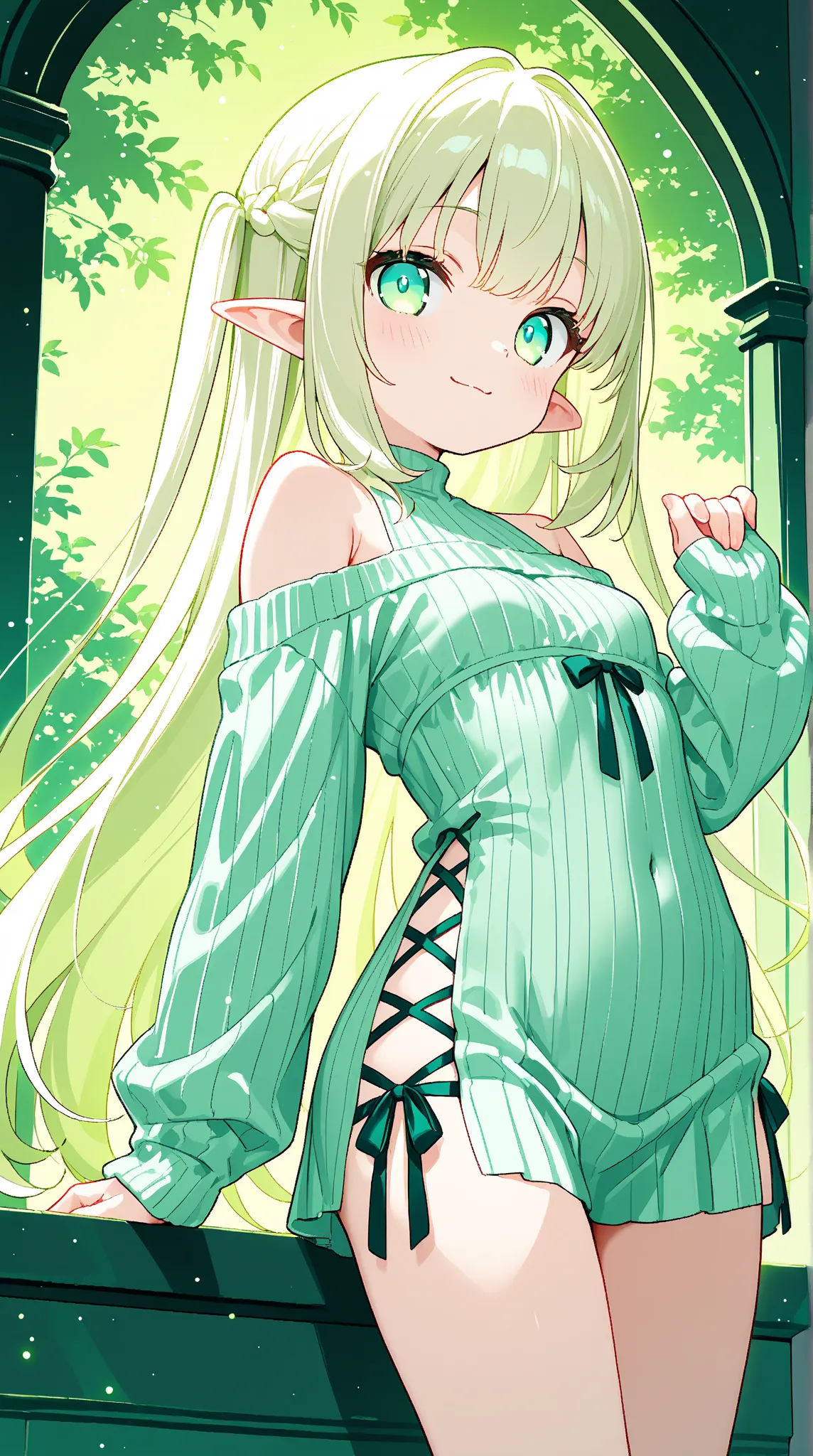 anime style、1 girl acting 1 spell、very long hair、 White Blonde Hair 、Big cute eyes、Deep blue eyes、cute face、blush、small smile、elf ears、turquoise ribbed dress、Off Shoulder、micro mini skirt、Braided slit、Magic Rim、(pale green light particles: 1.3)、 vortex of ...