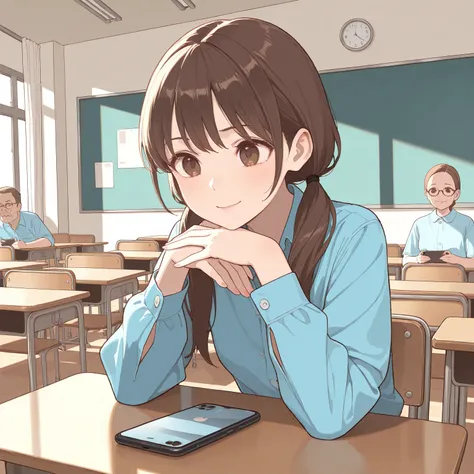 High resolution, Super detailed, Best Quality, masterpiece, 8K, 4K, beautiful background, the best aesthetics, (flat color:0.6), 1girl, brown_hair, brown_eyes, low_twintails, teaching elderly, smartphone class, patient expression, classroom setting, senior...